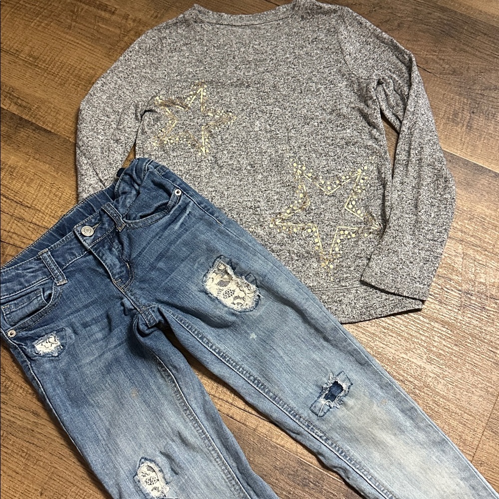 Vanilla Star Blue Denim Jeans Youth Girl’s size 7 with long sleeve grey star top